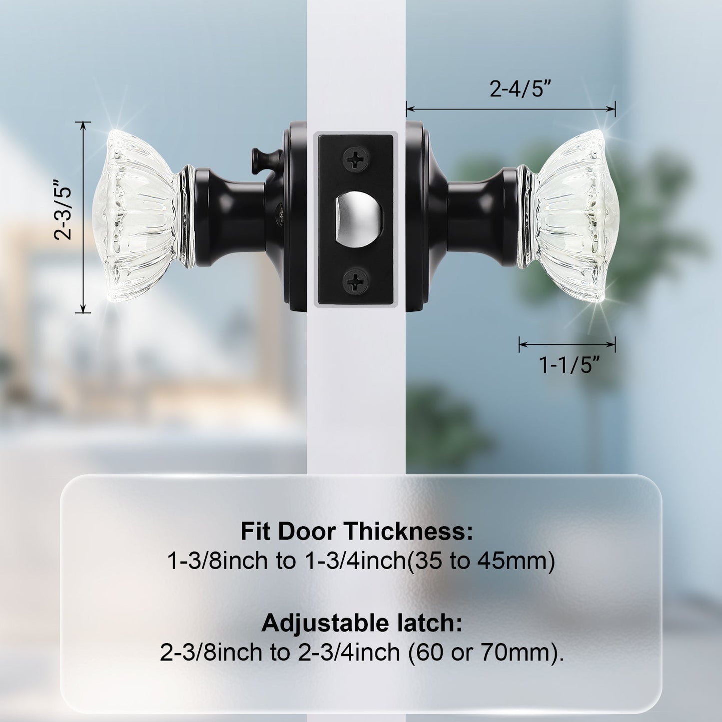 Size dimensions of Knobwell black privacy vintage glass door knobs– DLC20