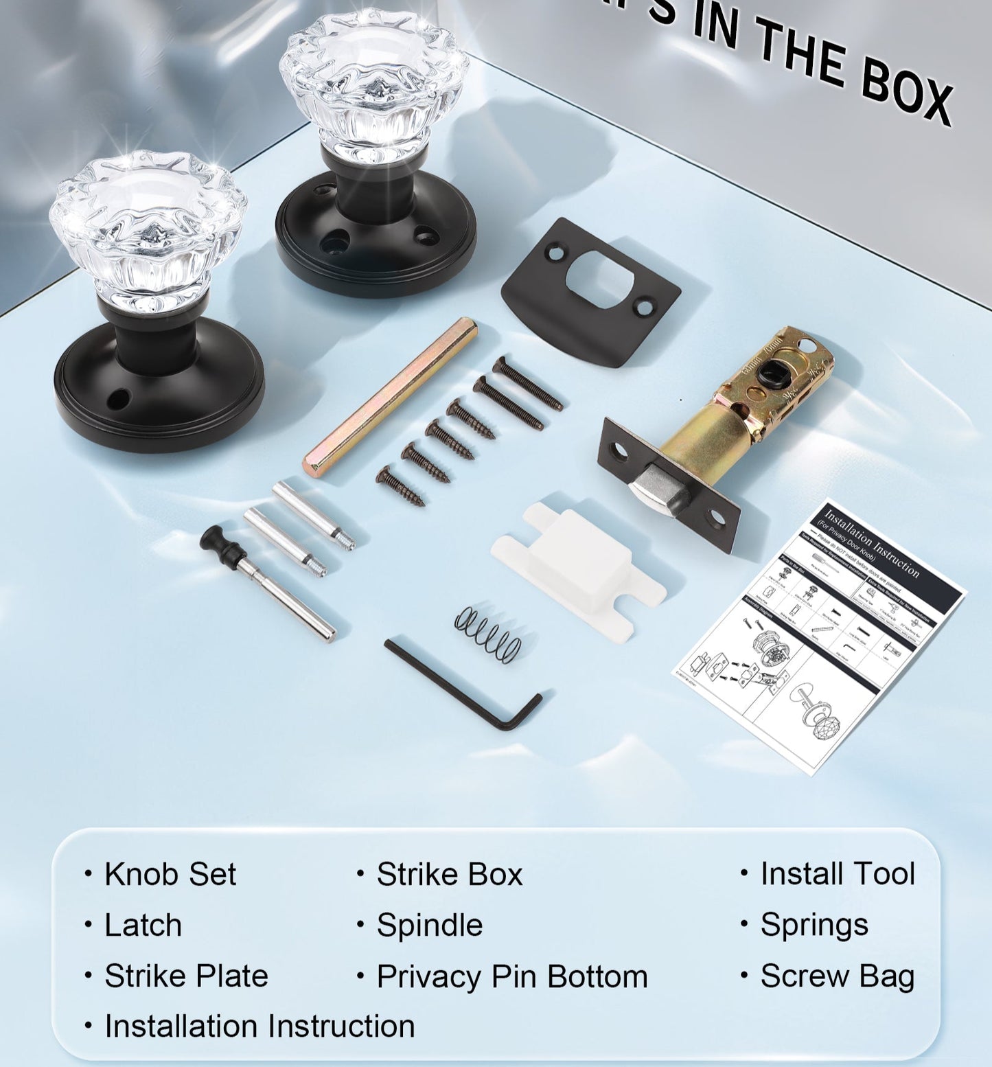 Knobwell black privacy vintage glass door knobs with latch and hardware components