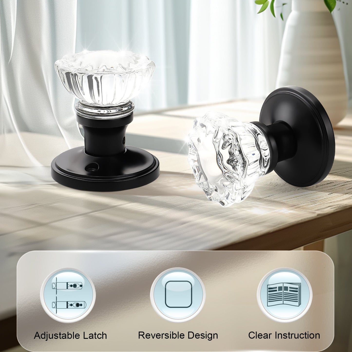 Knobwell black passage vintage glass door knobs with reversible design