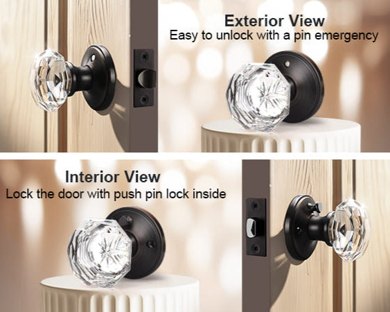 Front and back view of Knobwell Vintage Crystal Privacy Door Knobs With Lock For Bed/Bath