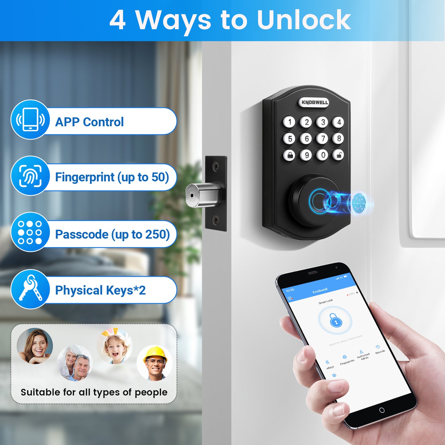 KNOBWELL Keyless Entry Door Lock, 4 in 1 Smart Fingerprint Door Lock, Keypad Deadbolt