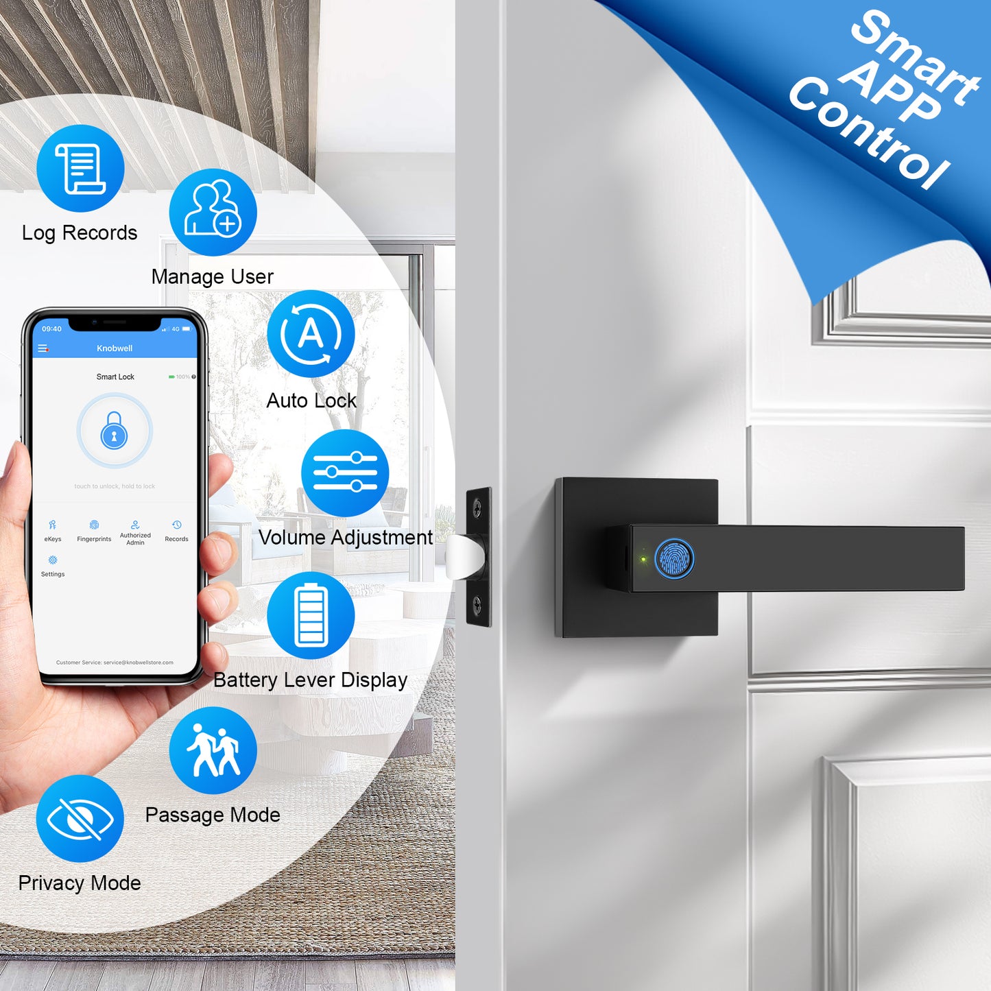 KNOBWELL Keyless Door Handle with Fingerprint and APP Control