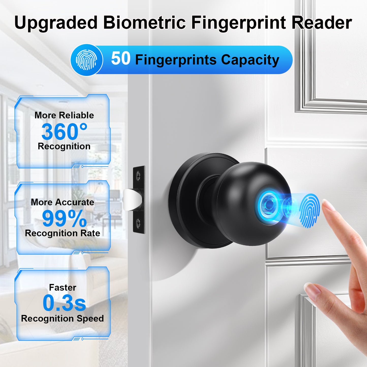 Front view of KNOBWELL Black Wi-Fi Smart Door Lock with APP Control For Bedroom