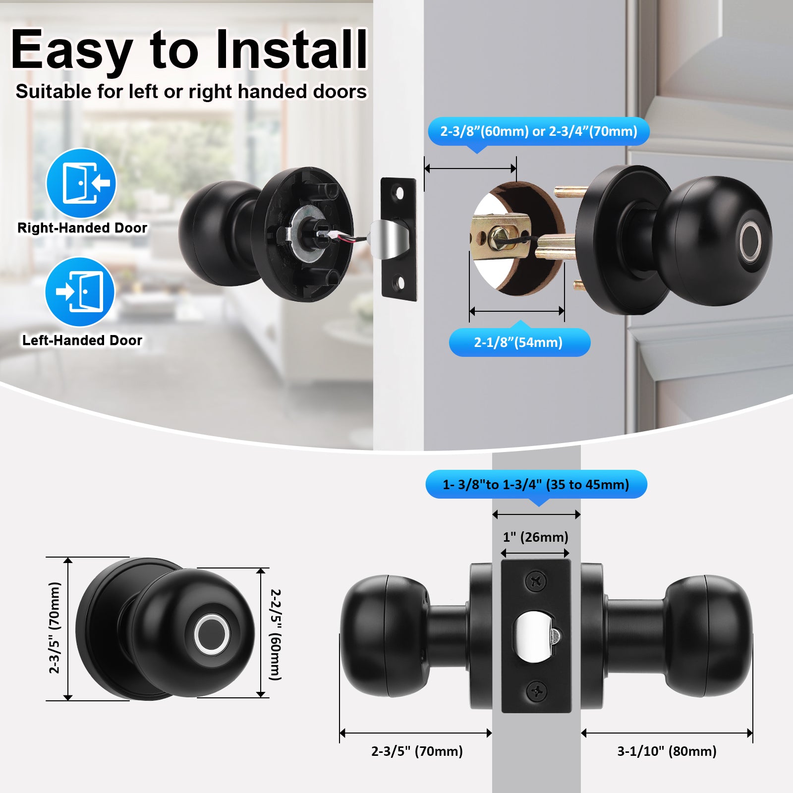 Size dimensions of KNOBWELL Black Wi-Fi Smart Door Lock with APP Control For Bedroom