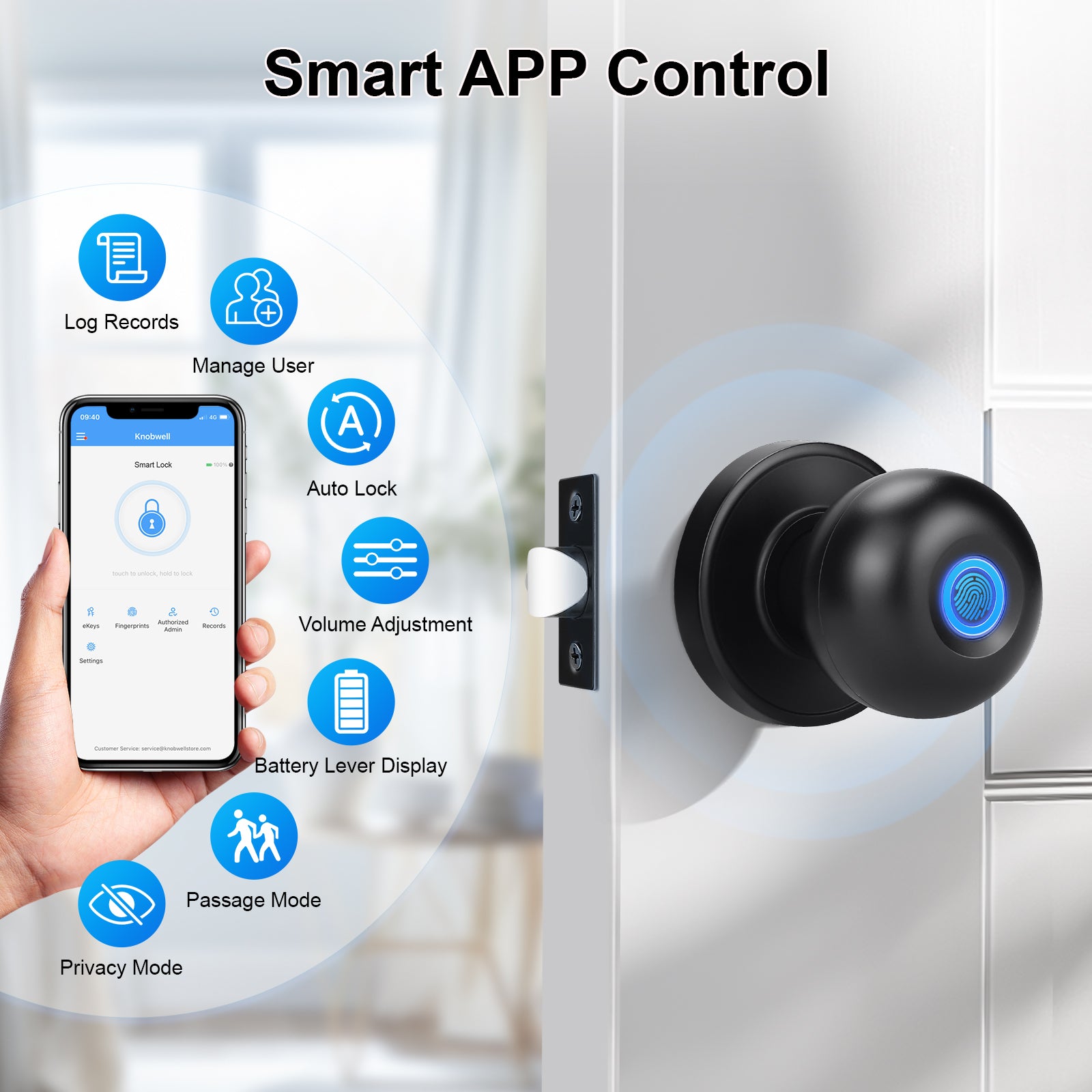 KNOBWELL Black Wi-Fi Smart Door Lock with APP Control For Bedroom