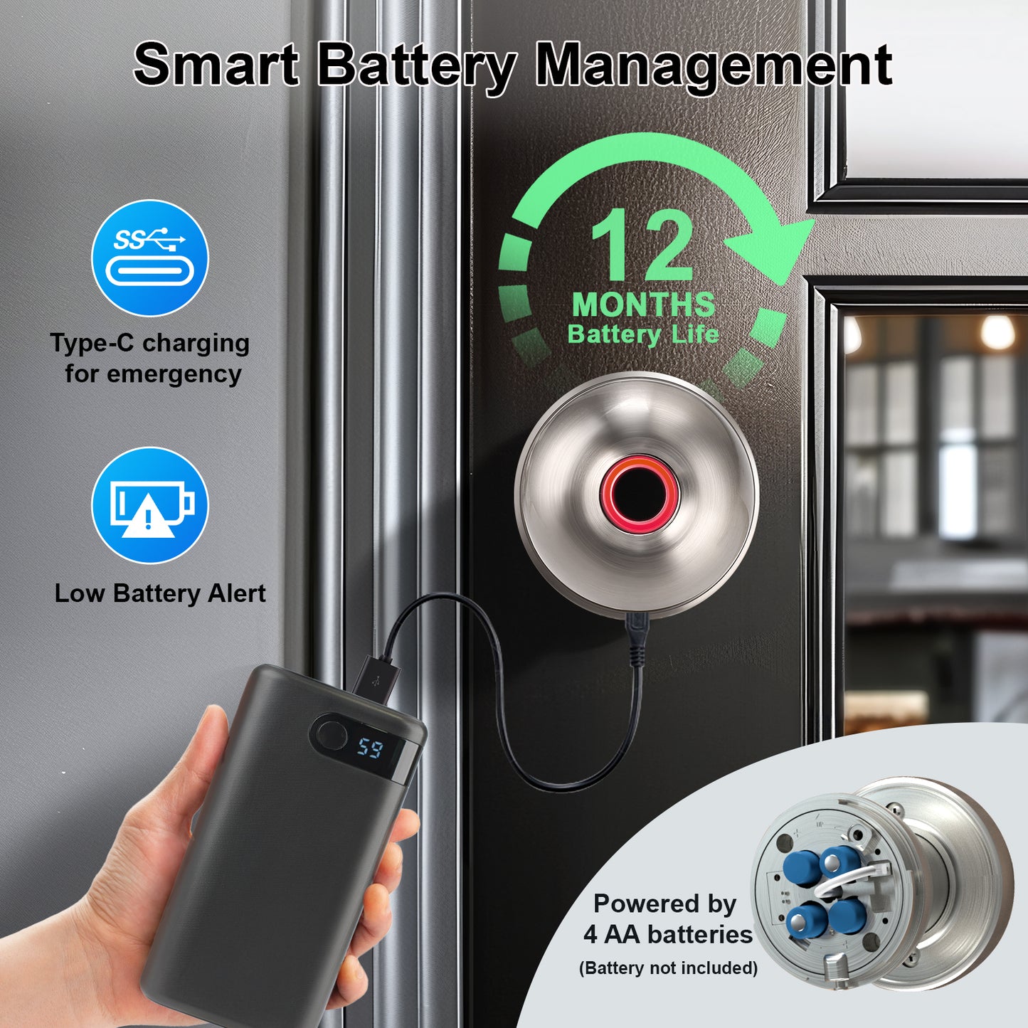 stain nickel fingerprint door knob with low battery alert