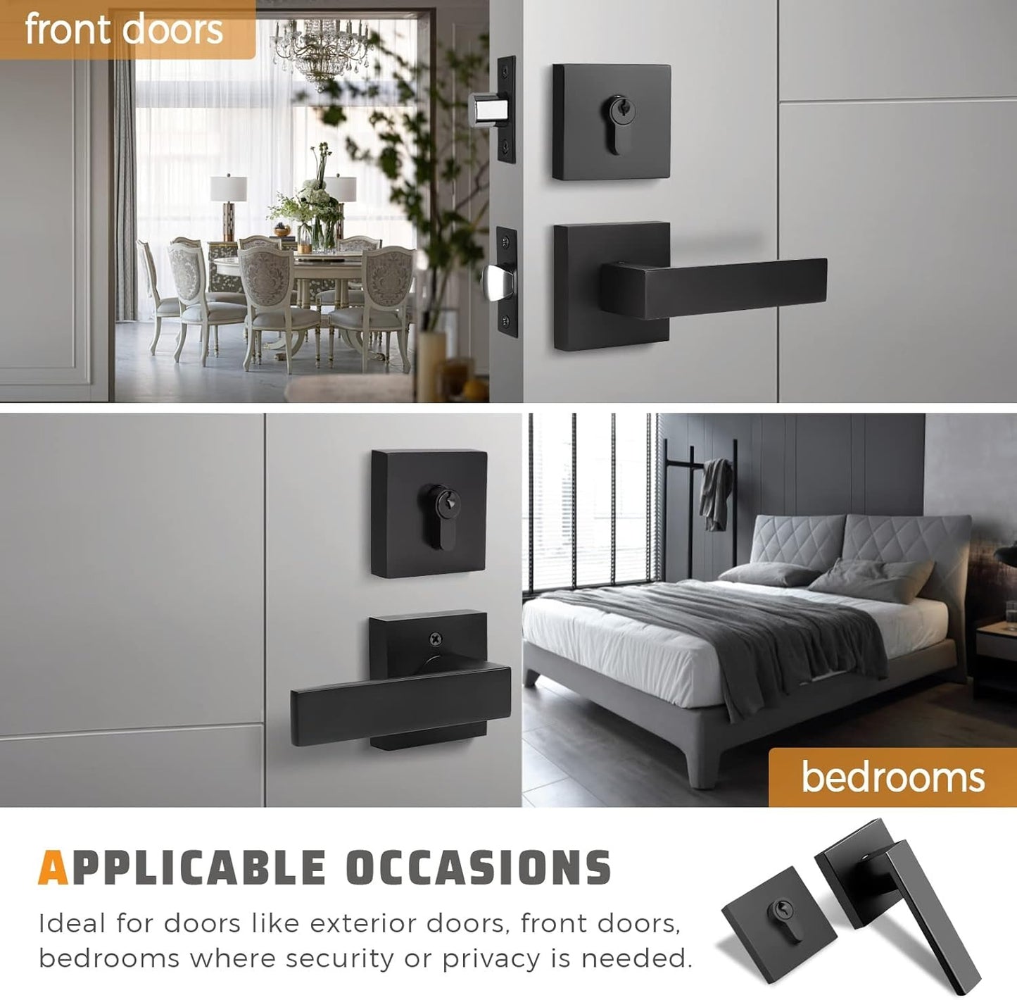 Front and back view of KNOBWELL Double Keyed Black Exterior Door Handles With Deadbolt