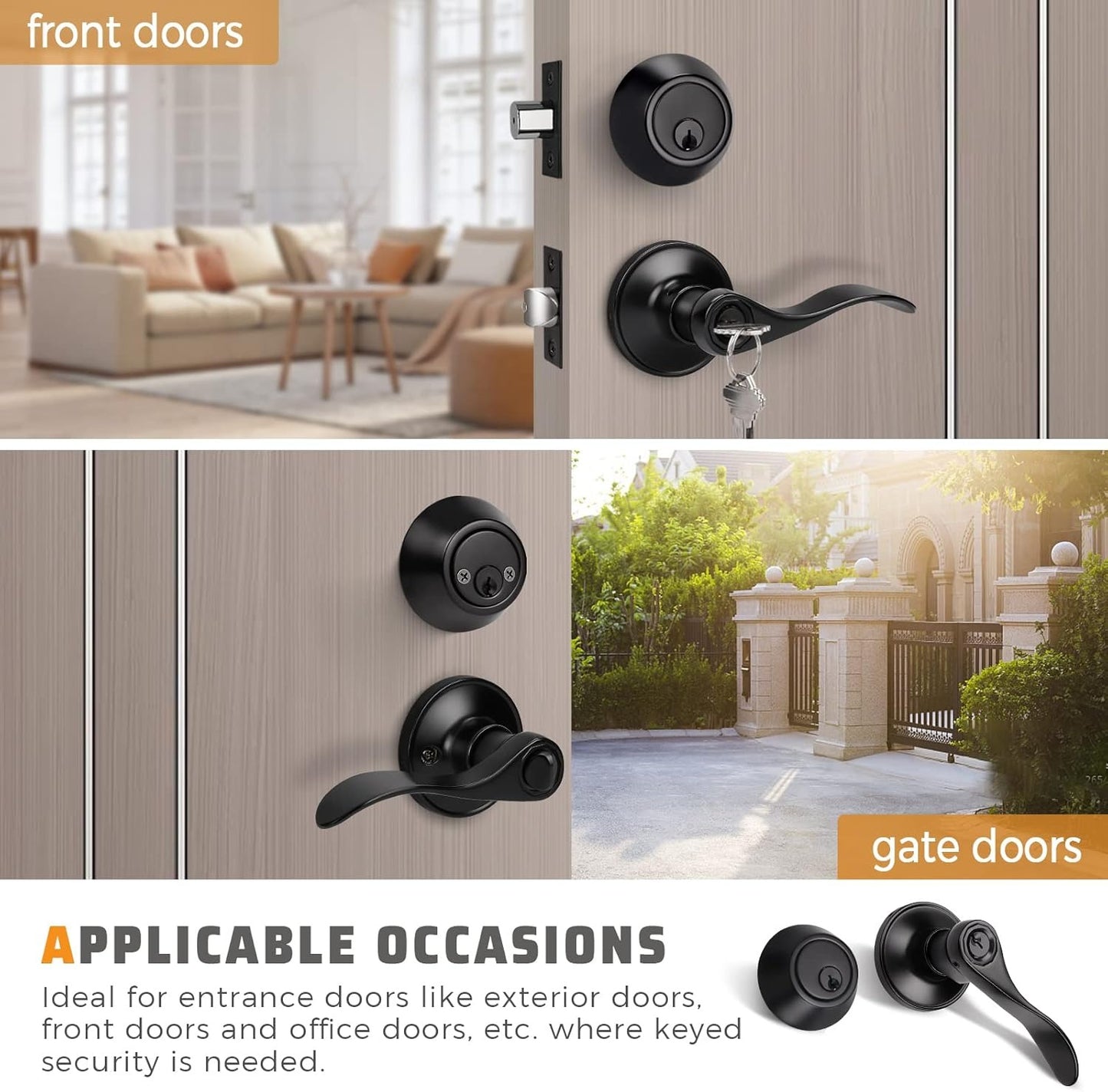 Front and back view of KNOBWELL Colonial Black Keyed Entry Lockset with Double Key Deadbolt