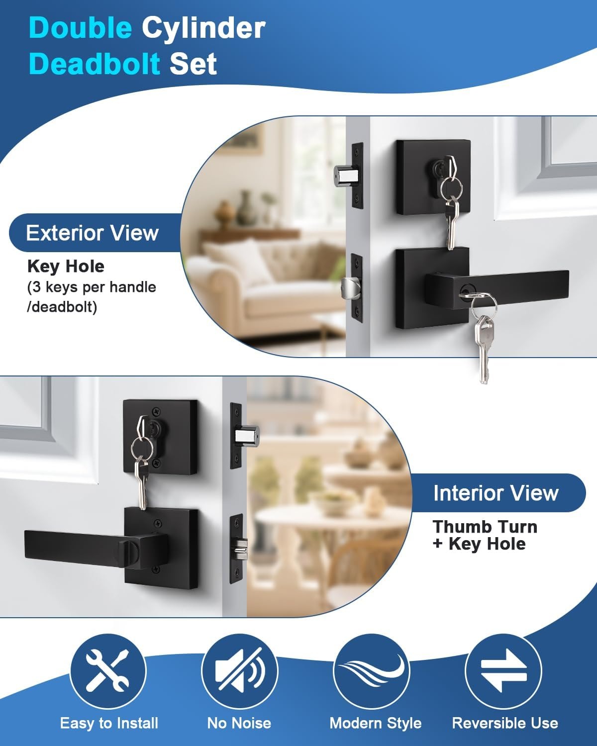 Front and back view of KNOBWELL Heavy Duty Double Cylinder Keyed Entry Door Lever with Deadbolt