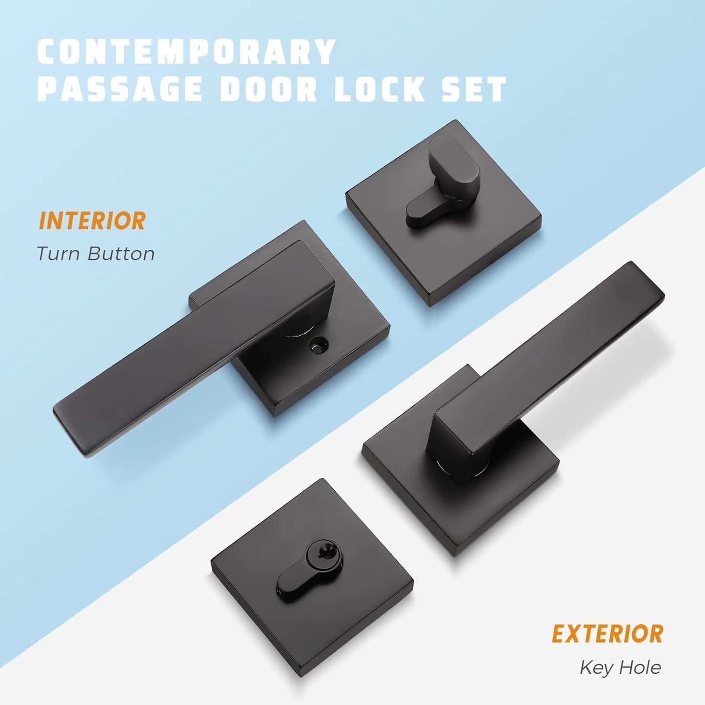 Front and back view of Knobwell Modern Black Passage Door Lever With Single Cylinder Deadbolt Lock