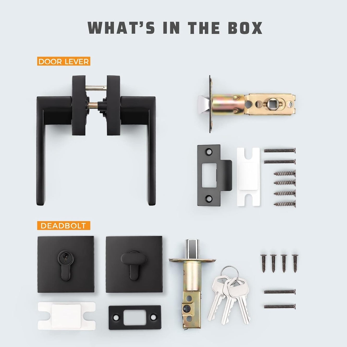 Knobwell Modern Black Passage Door Lever With Single Cylinder Deadbolt Lock Components
