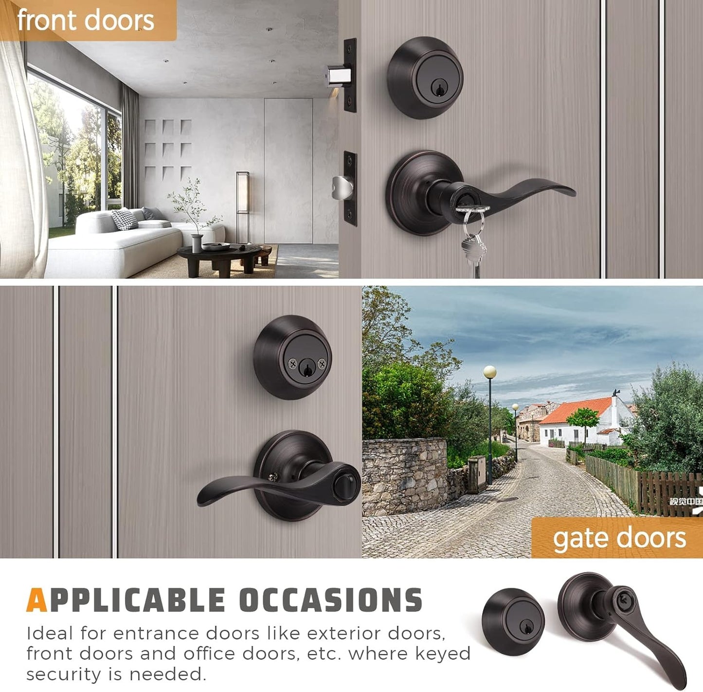 Front and back view of KNOBWELL Colonial Bronze Keyed Entry Lockset with Double Key Deadbolt