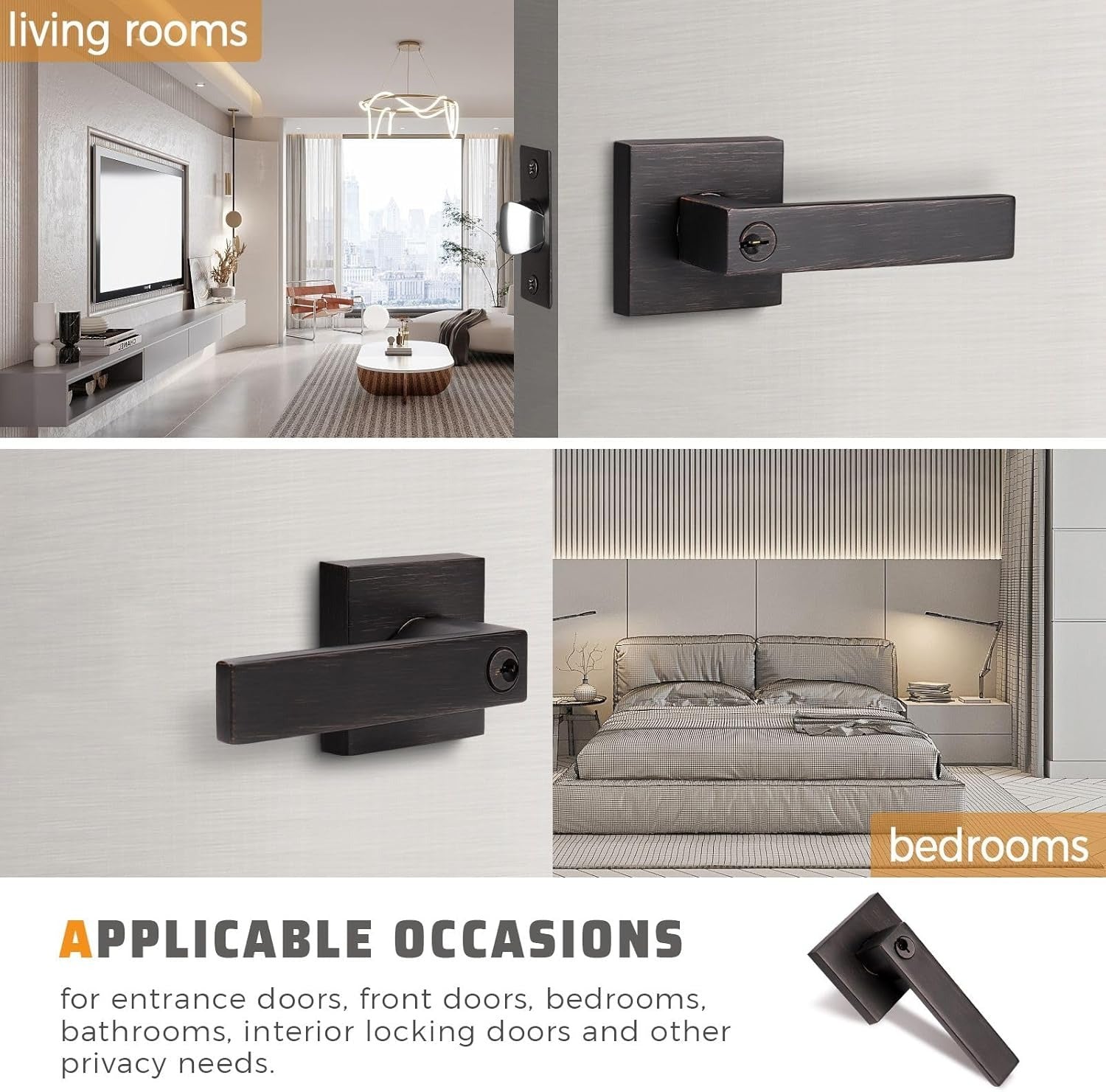 Front and back view of KNOBWELL Modern Bronze Keyed Entry Door Handle With Lock and Different Keys