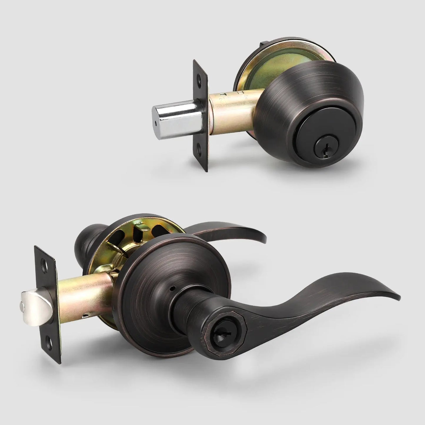 KNOBWELL Colonial Bronze Keyed Entry Lever Set with Single Cylinder Deadbolt
