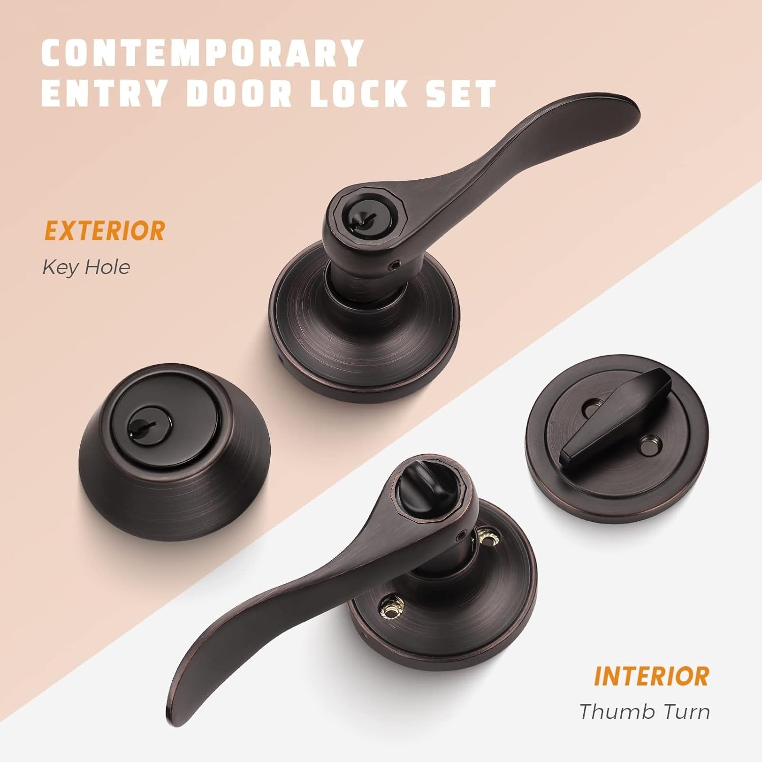 Front and back view of KNOBWELL Colonial Bronze Keyed Entry Lever Set with Single Cylinder Deadbolt