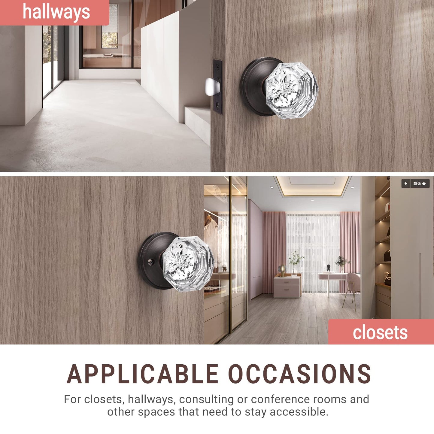 Modern Octagon Crystal Privacy/Passage/Dummy Door Knobs, Frosted Glass Design -DLC3