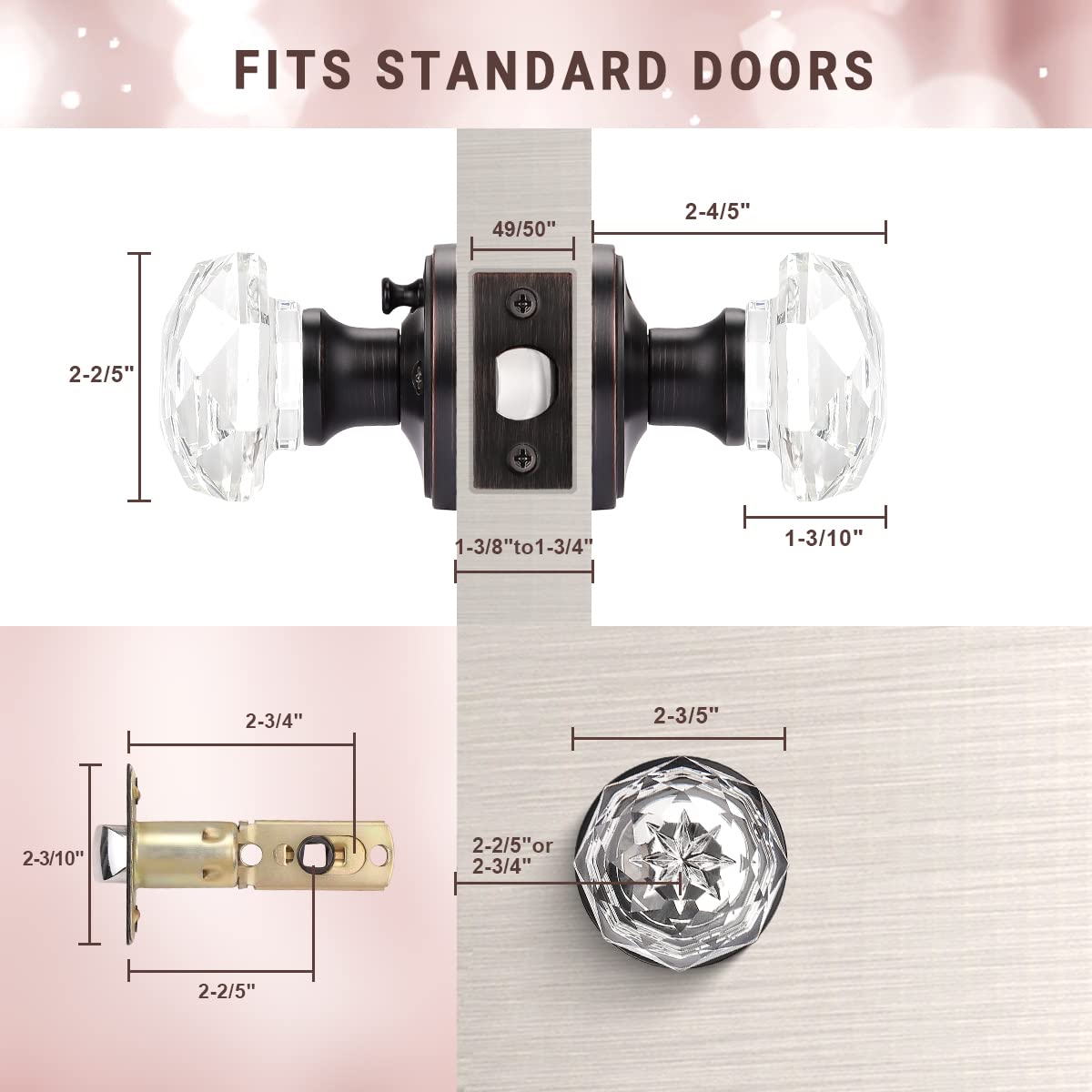 Modern Octagon Crystal Privacy/Passage/Dummy Door Knobs, Frosted Glass Design -DLC3