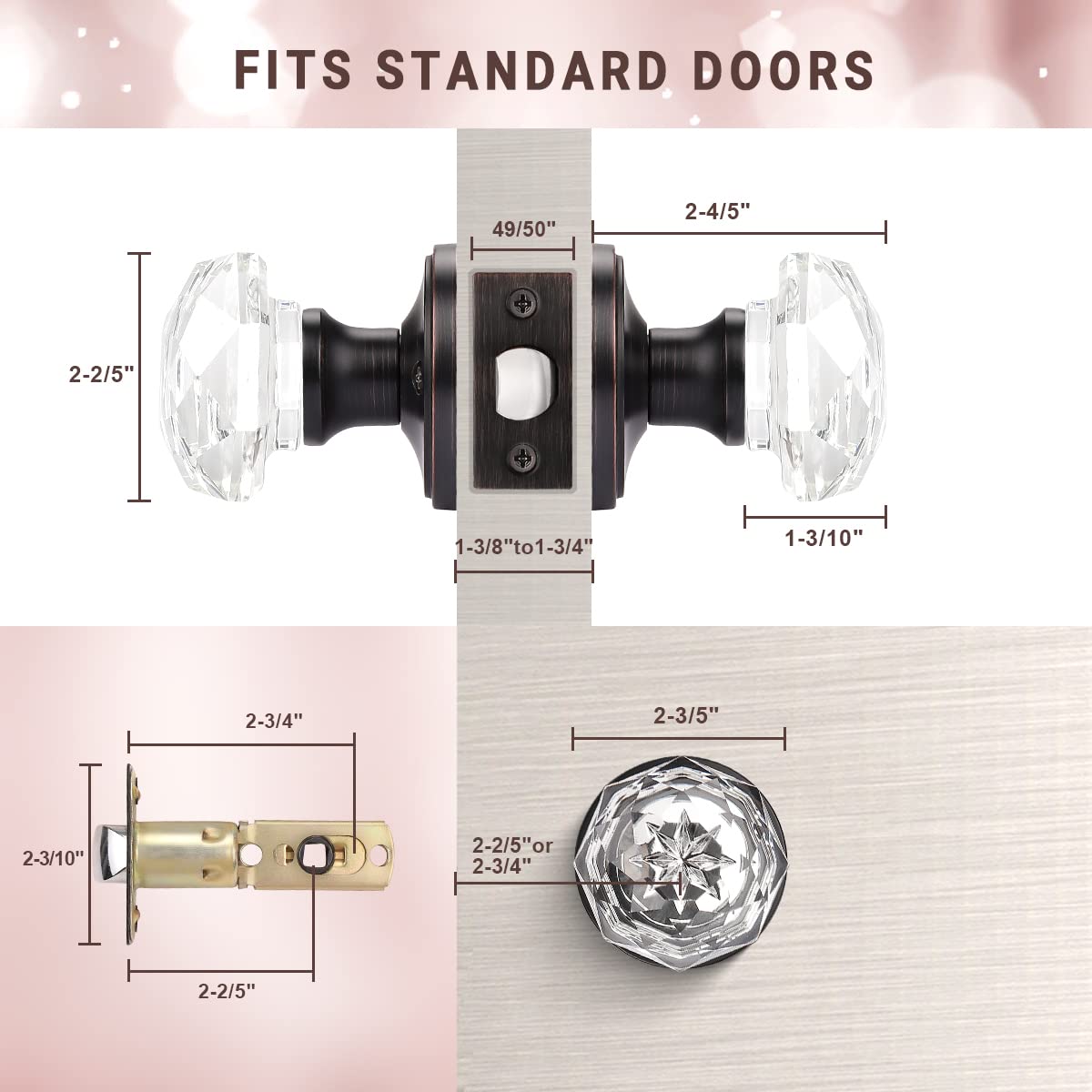 Modern Octagon Crystal Privacy/Passage/Dummy Door Knobs, Frosted Glass Design -DLC3