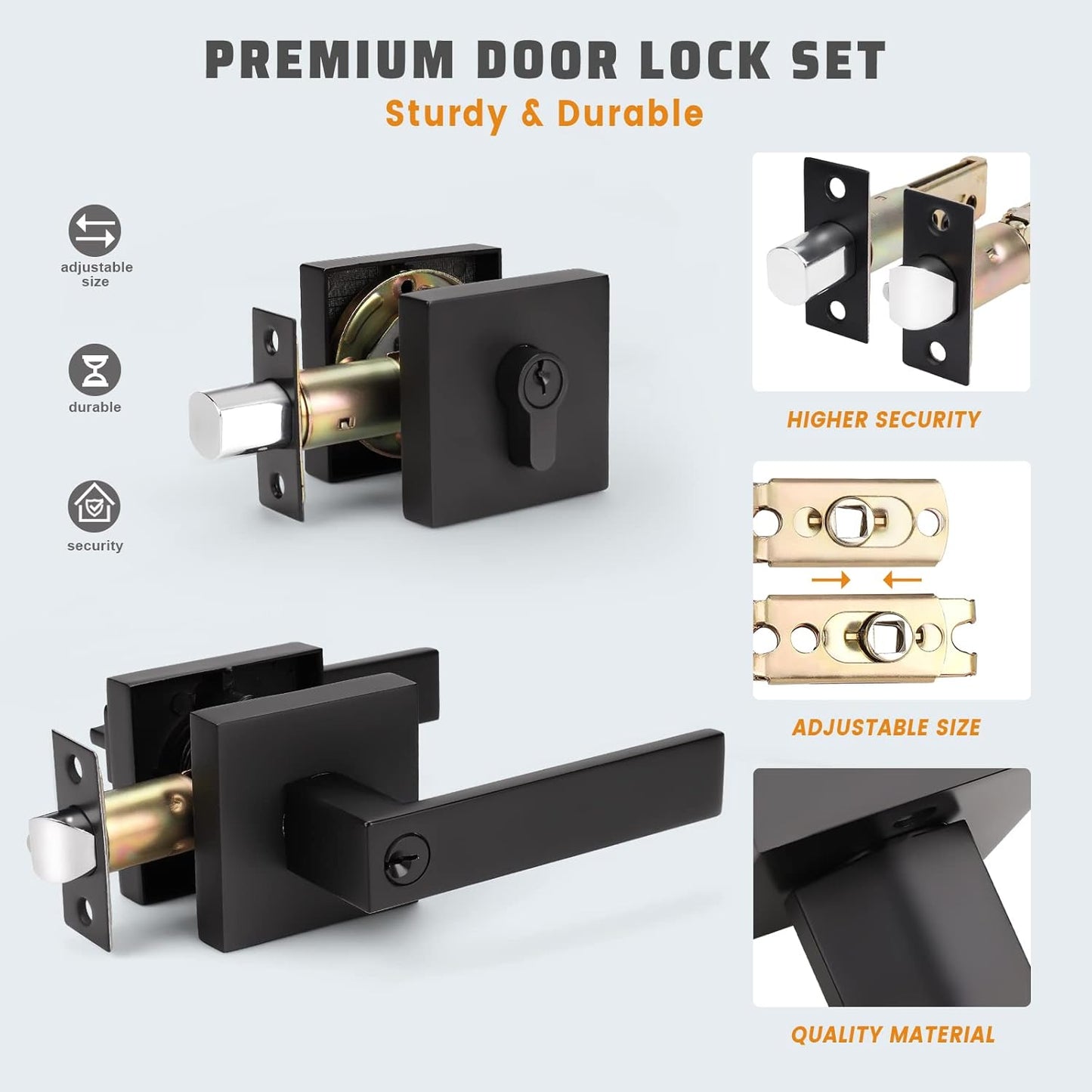 Single Keyed Square Deadbolt with Heavy Duty Entrance Door Handle (Keyed Alike) - DL01ET111BK