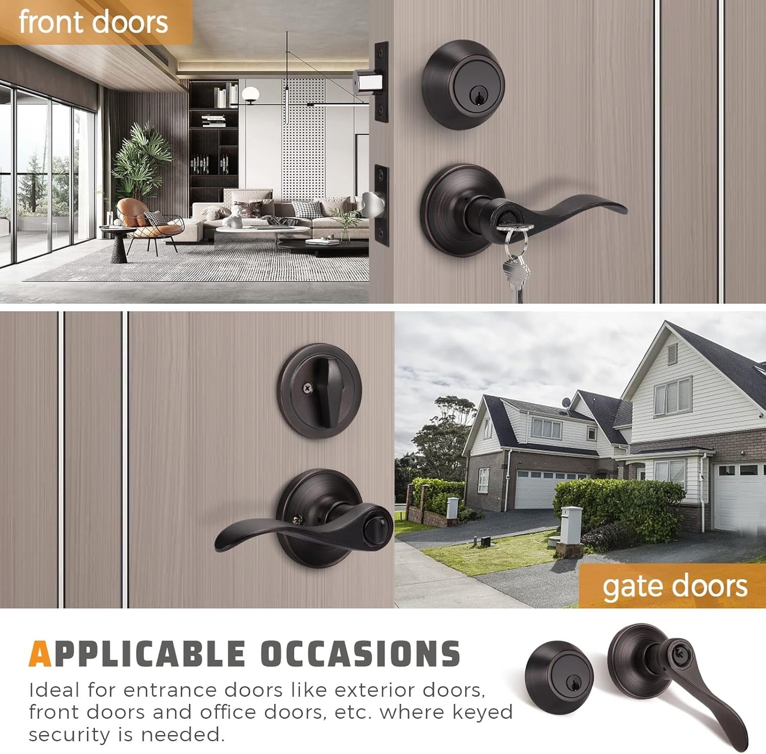 Front and back view of KNOBWELL Colonial Bronze Keyed Entry Lever Set with Single Cylinder Deadbolt