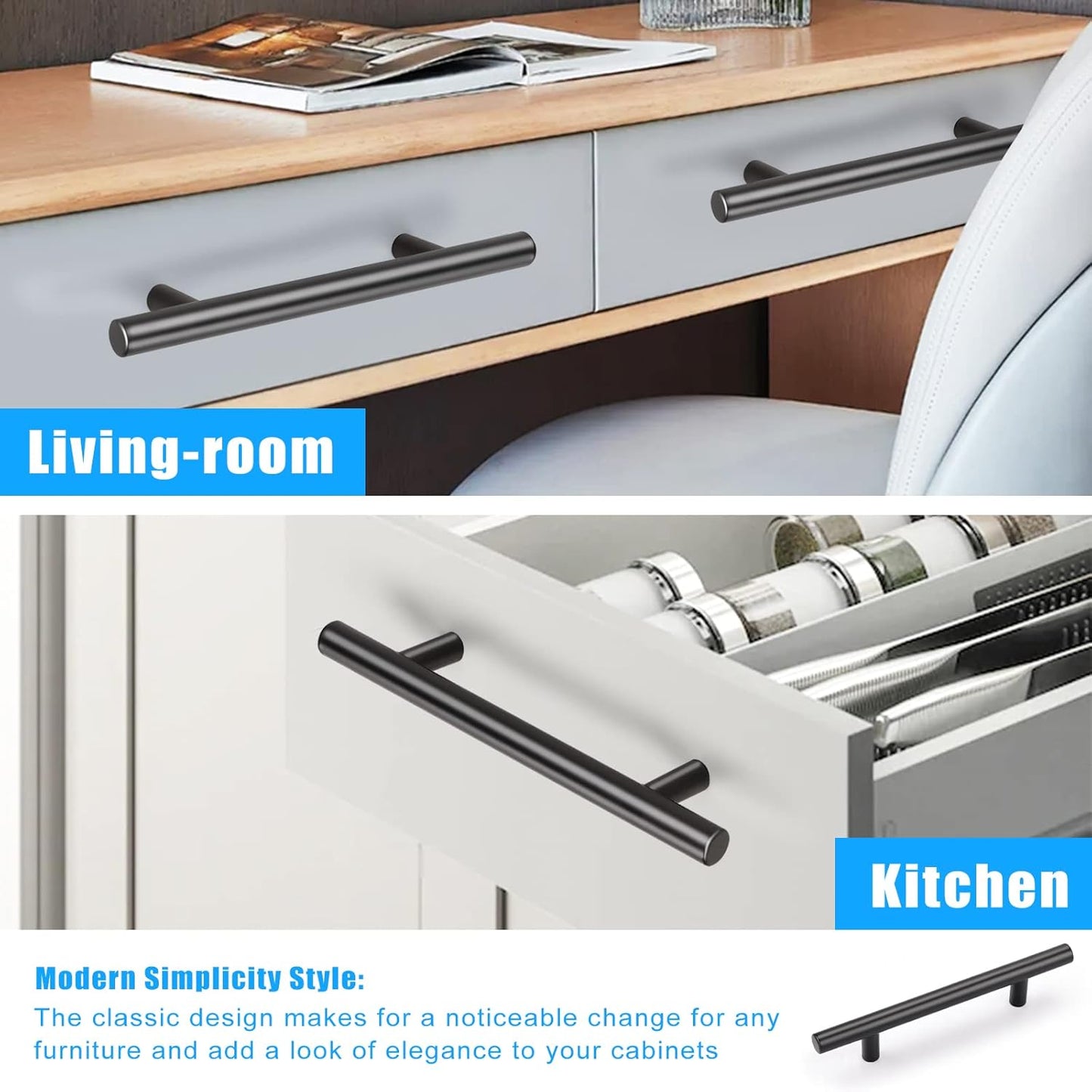 Matte Black Stainless Steel Pulls for Cabinets/Drawers/Cupboards (2-1/2'' - 10'') - PD3383HBK