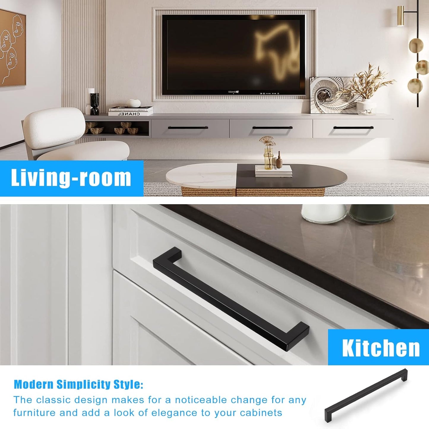 Matte Black Square Cabinet Pulls Stainless Steel Modern Handles for Kitchen Cupboards/Drawers (2-1/2'' - 12-3/5'') - PDDJS12HBK