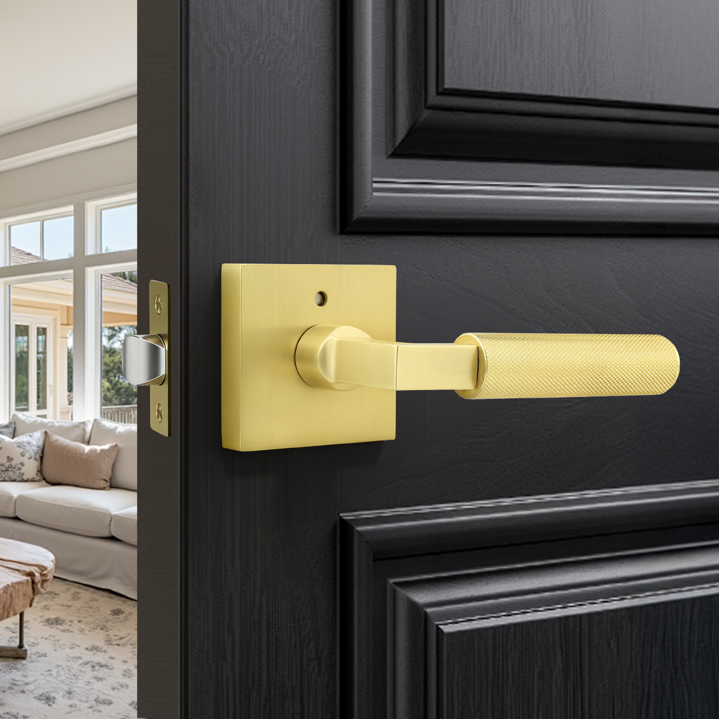 KNOBWELL Square Knurled Door Handle, Interior Door Handle for Bedroom Bathroom Closet