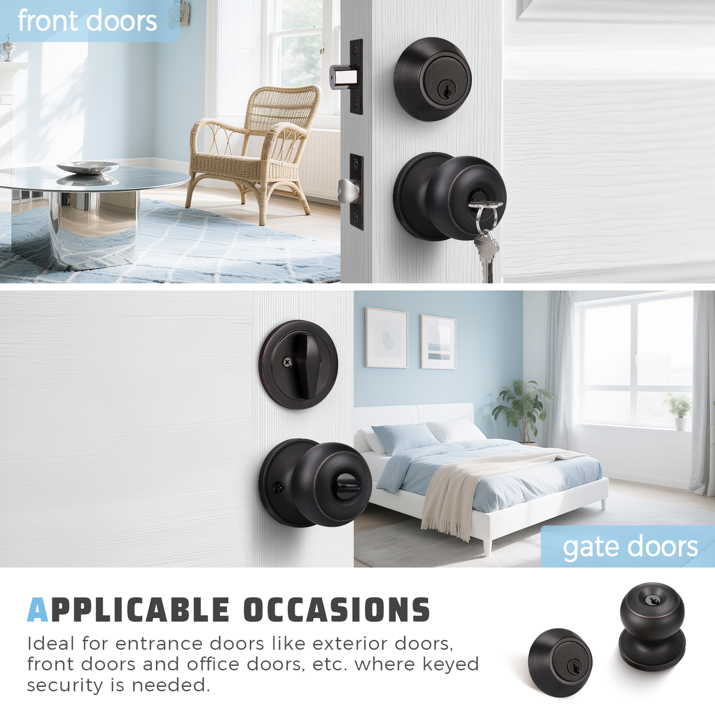KNOBWELL Matte Black Single Cylinder Entry Door Handlesets with Deadbolts
