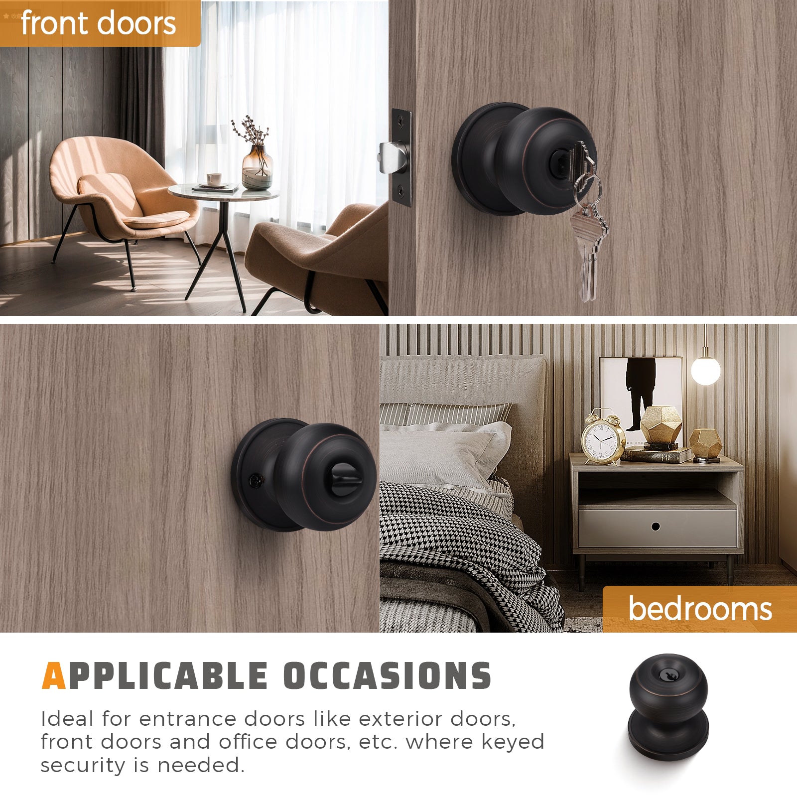Front and back view of KNOBWELL Bronze Keyed Interior Door Knob For Front Doors with Lock and Key