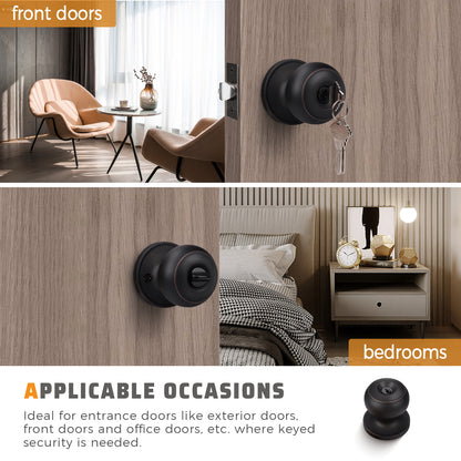 Front and back view of KNOBWELL Bronze Keyed Interior Door Knob For Front Doors with Lock and Key