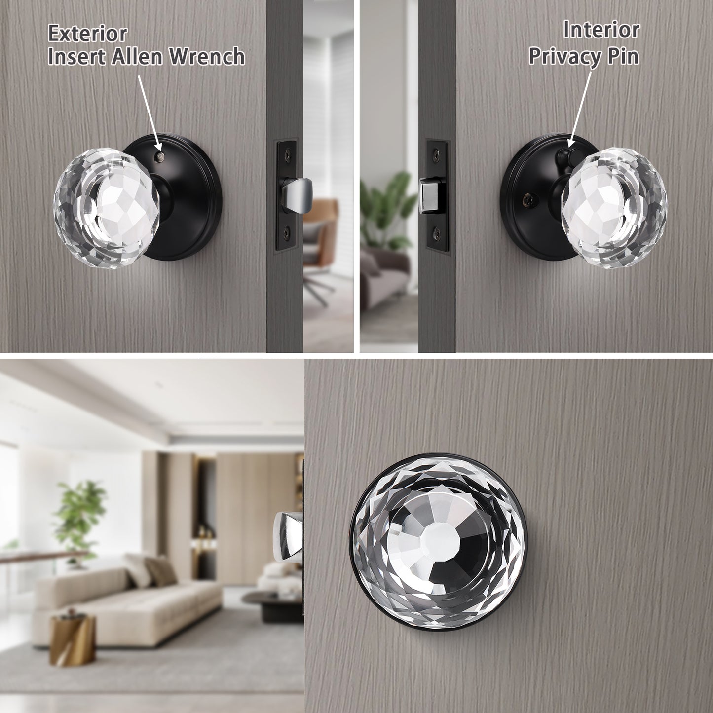 Modern Globe Faceted Crystal Privacy Door Knobs with Round Plate - DLC10BK