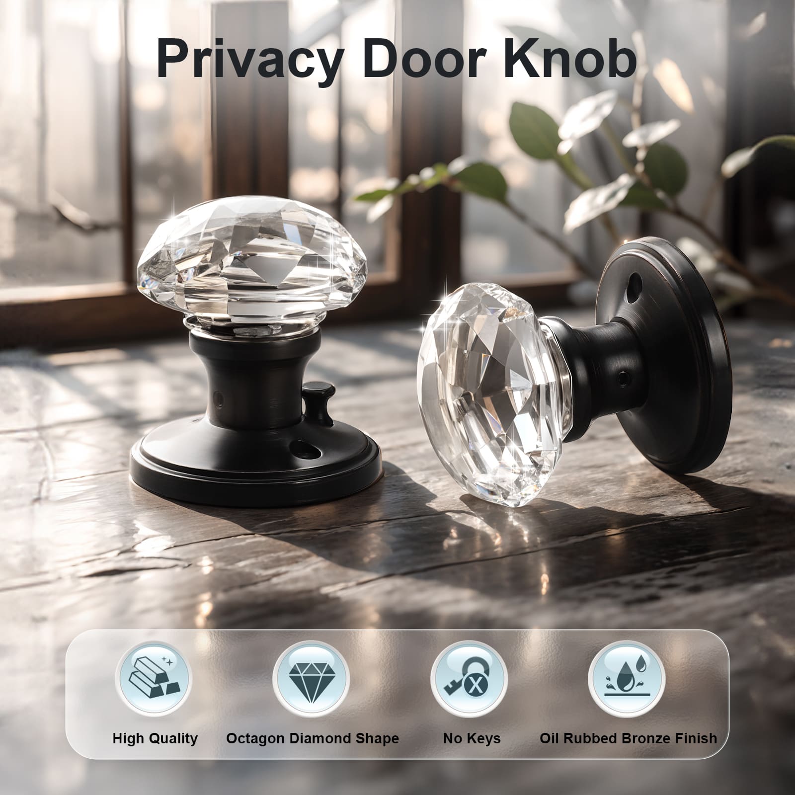 Knobwell Vintage Crystal Privacy Door Knobs With Lock For Bed/Bath-DLC3BK