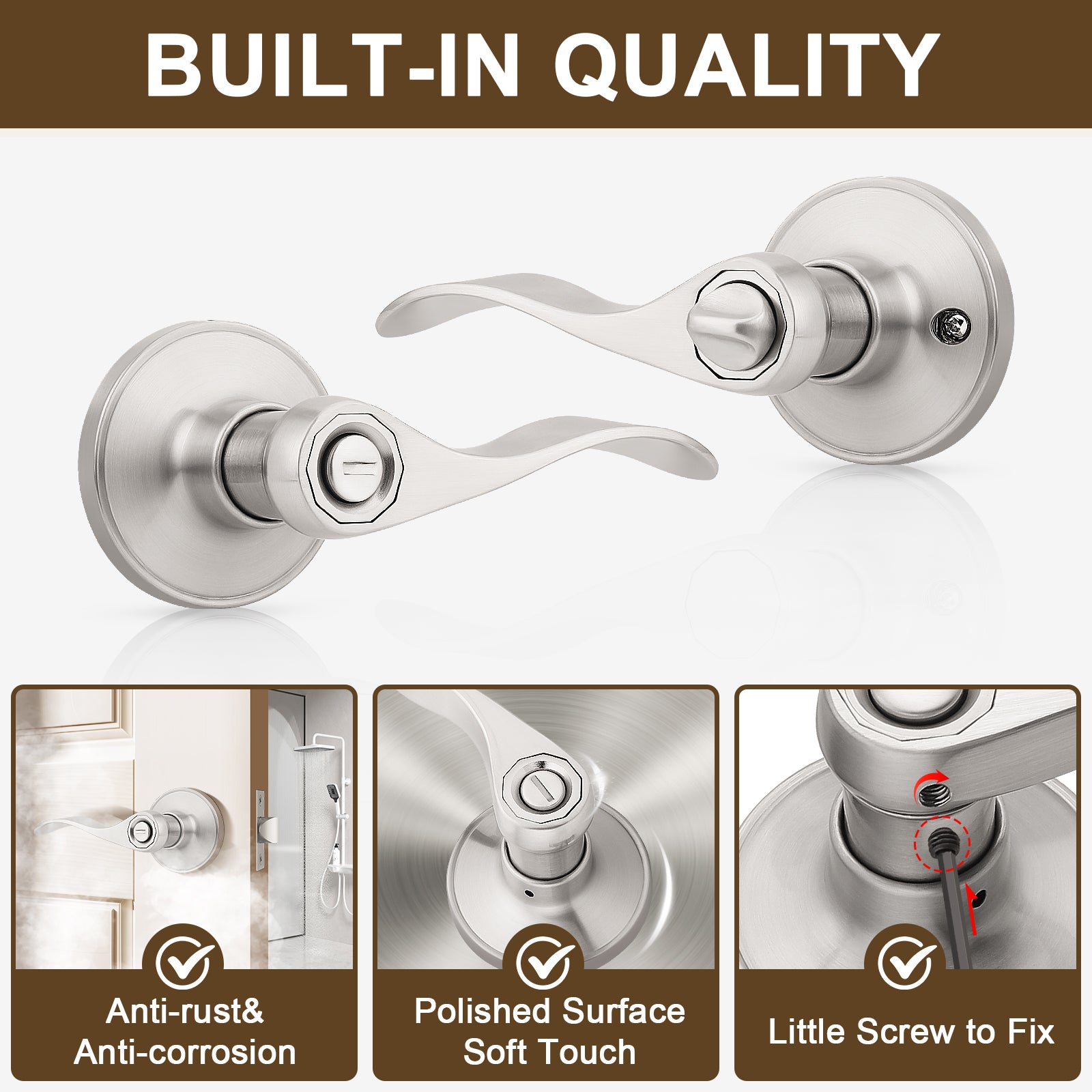 Details of KNOBWELL Wave Style Brushed Nickel Privacy Door Locksets for Home Hardware