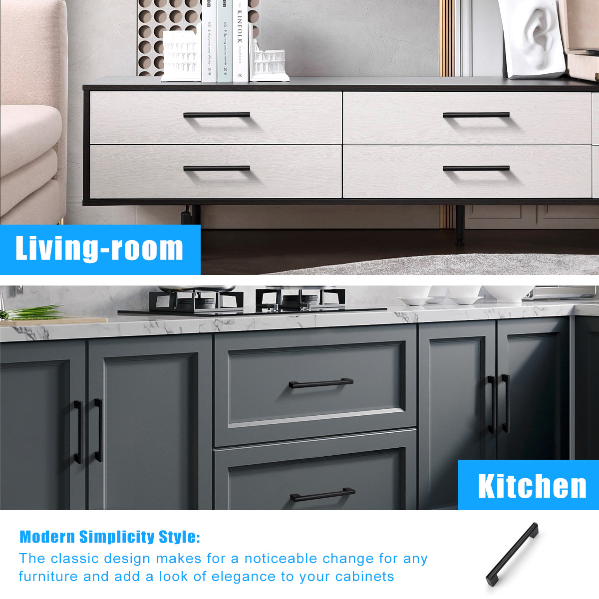 Matte Black Stainless Steel Pulls for Cabinets/Drawers (3-3/4'' - 12-3/5'') - PD214HBK