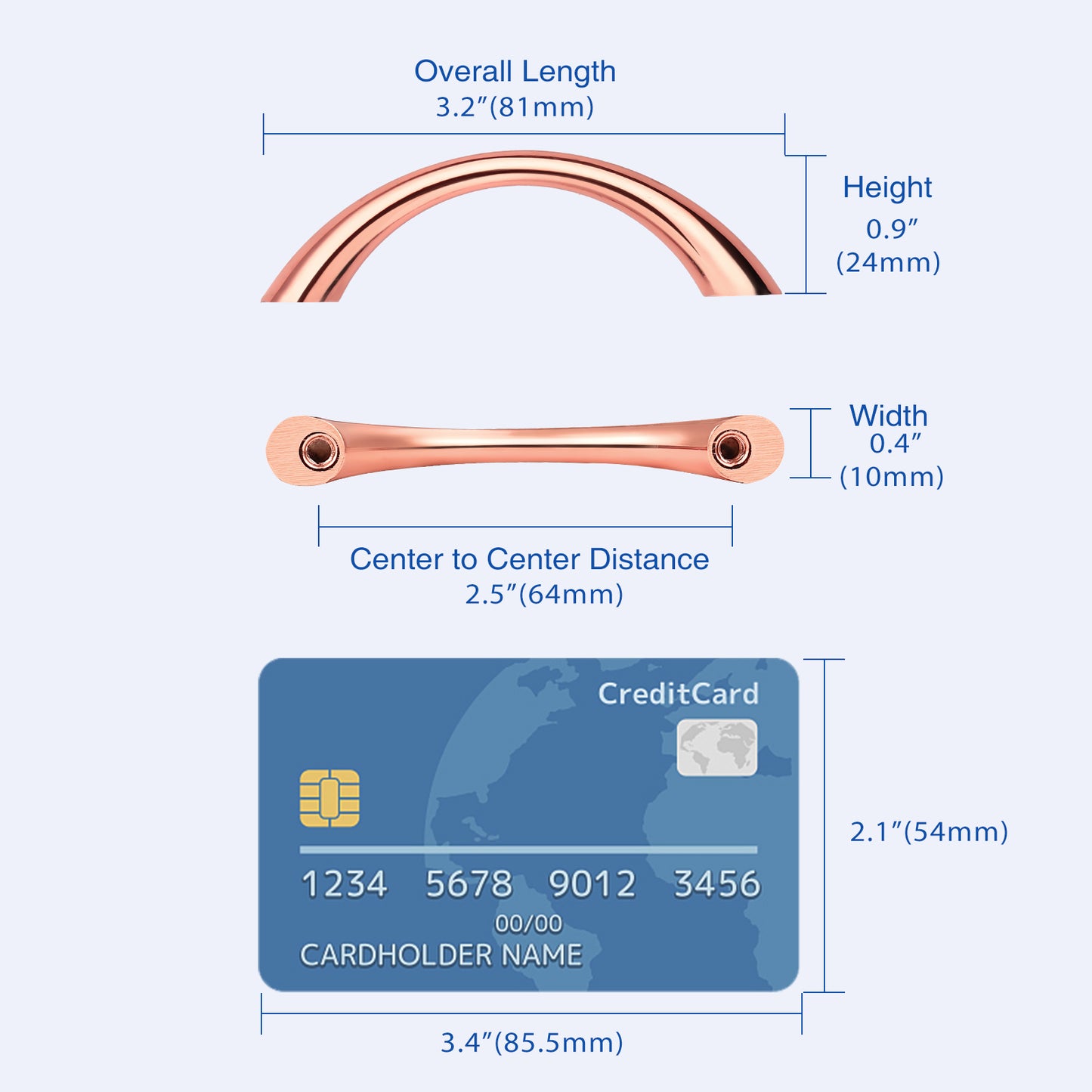 Rose Golden Kitchen Cabinet Handles, Dresser Drawer Pulls - Hole Spacing for 2-1/2'', 3-3/4", 5" - PD2171SF