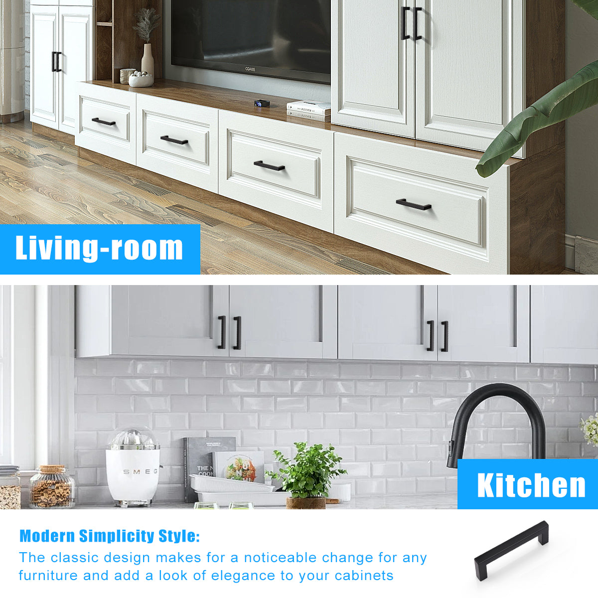 Matte Black Stainless Steel Pulls for Cabinets/Drawers (2-1/2'' - 10'') - PDDJS10HBK