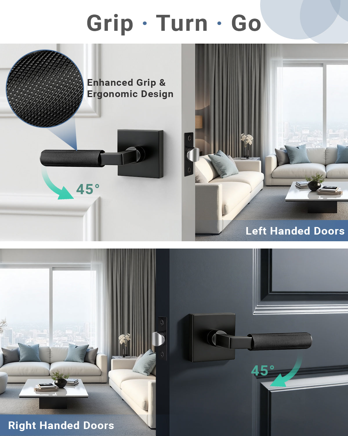 KNOBWELL Square Knurled Door Handle, Interior Door Handle for Bedroom Bathroom Closet