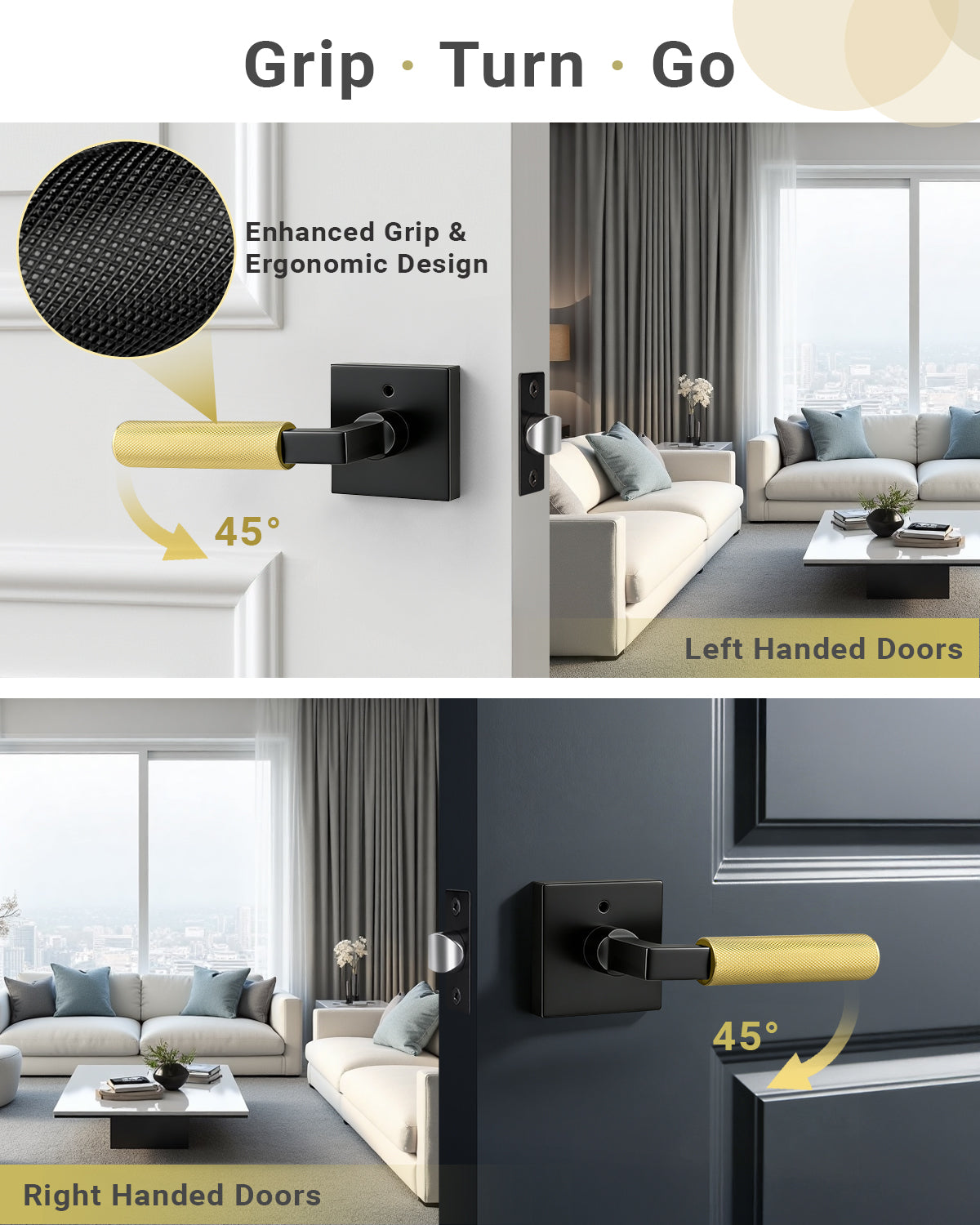 KNOBWELL Square Knurled Door Handle, Interior Door Handle for Bedroom Bathroom Closet