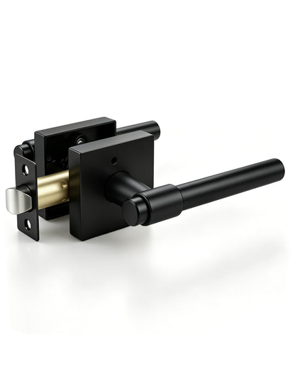 KNOBWELL Black Interior Door Handle 1 Pack, Heavy Duty Bedroom Door Knobs, Matte Black Door Knob with Lock, Keyless Push Button Privacy Lock for Bathroom, Sleek Ring Design