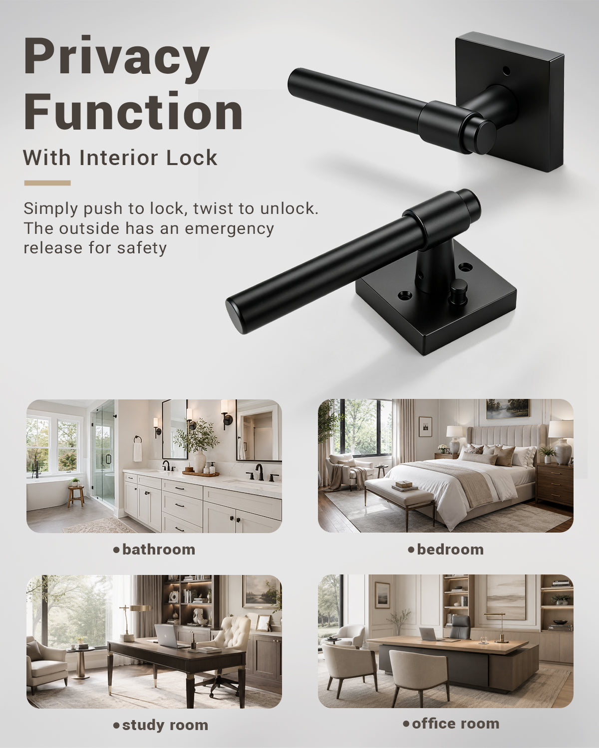KNOBWELL Black Interior Door Handle 1 Pack, Heavy Duty Bedroom Door Knobs, Matte Black Door Knob with Lock, Keyless Push Button Privacy Lock for Bathroom, Sleek Ring Design