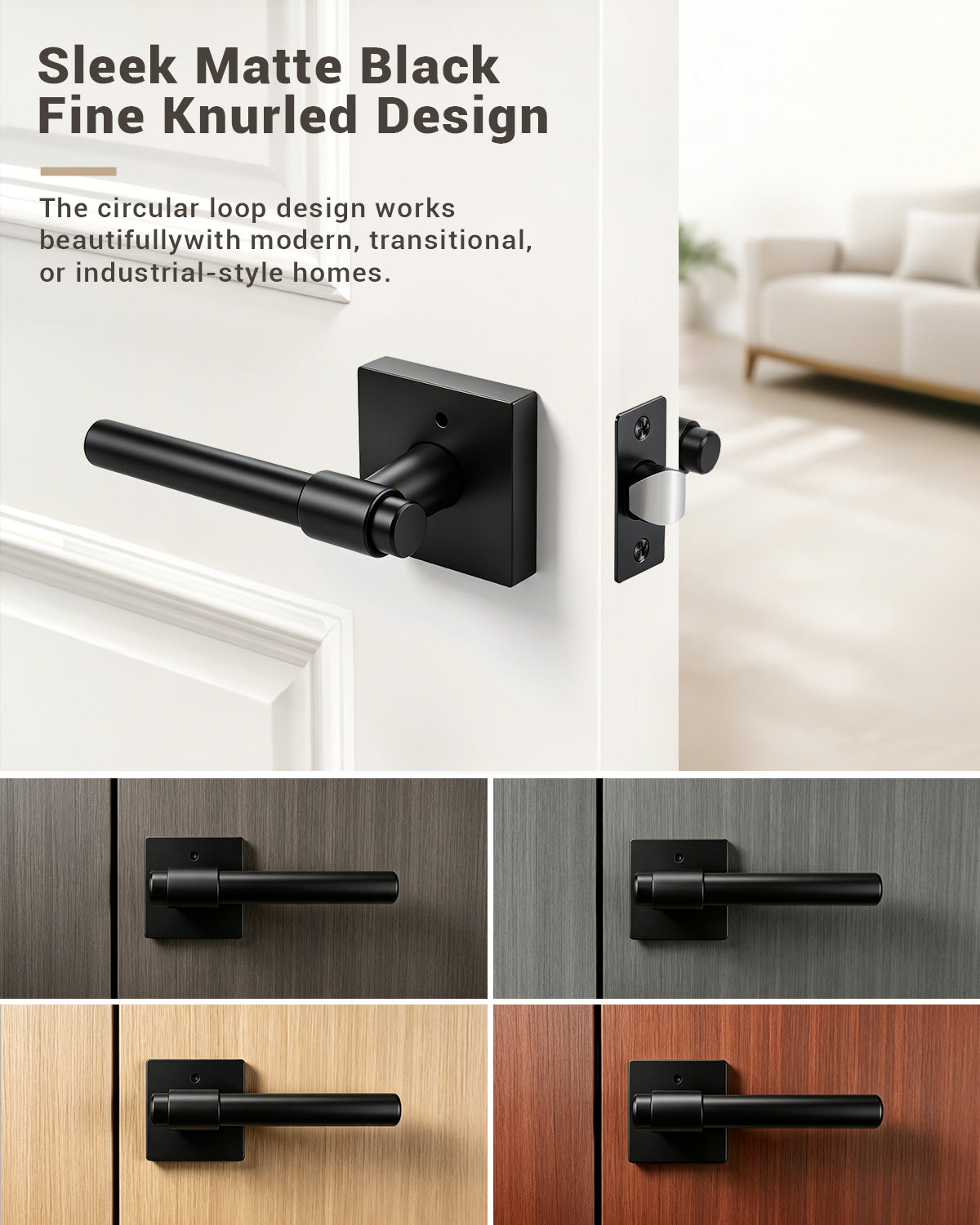 KNOBWELL Black Interior Door Handle 1 Pack, Heavy Duty Bedroom Door Knobs, Matte Black Door Knob with Lock, Keyless Push Button Privacy Lock for Bathroom, Sleek Ring Design