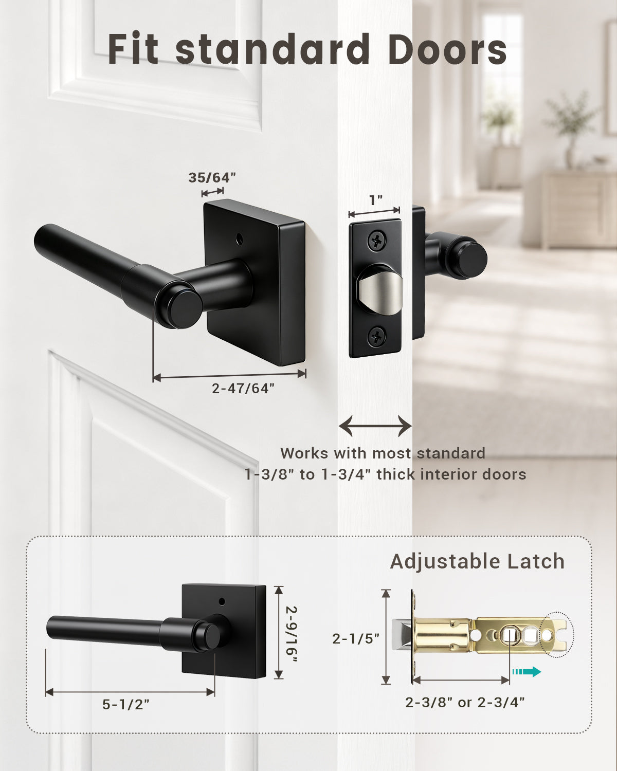 KNOBWELL Black Interior Door Handle 1 Pack, Heavy Duty Bedroom Door Knobs, Matte Black Door Knob with Lock, Keyless Push Button Privacy Lock for Bathroom, Sleek Ring Design