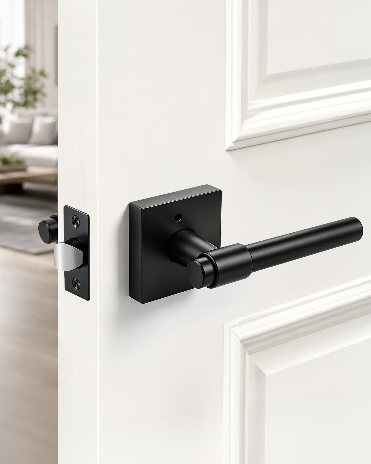 KNOBWELL Black Interior Door Handle 1 Pack, Heavy Duty Bedroom Door Knobs, Matte Black Door Knob with Lock, Keyless Push Button Privacy Lock for Bathroom, Sleek Ring Design