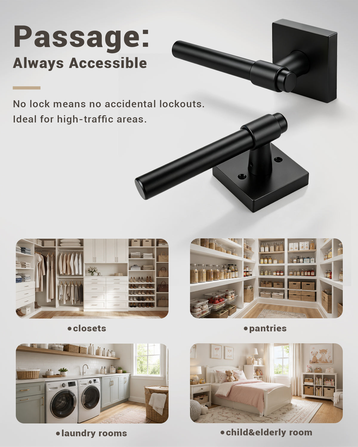 KNOBWELL Black Interior Door Handle 1 Pack, Heavy Duty Bedroom Door Knobs, Matte Black Door Knob with Lock, Keyless Push Button Privacy Lock for Bathroom, Sleek Ring Design