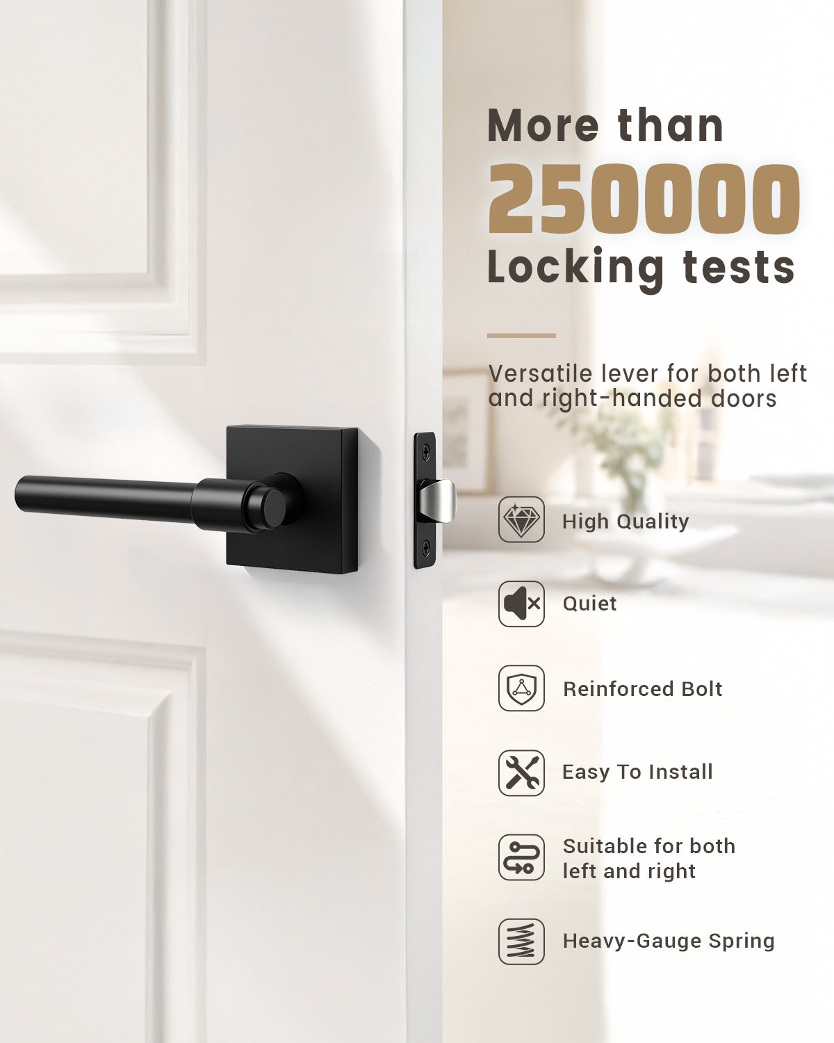 KNOBWELL Black Interior Door Handle 1 Pack, Heavy Duty Bedroom Door Knobs, Matte Black Door Knob with Lock, Keyless Push Button Privacy Lock for Bathroom, Sleek Ring Design