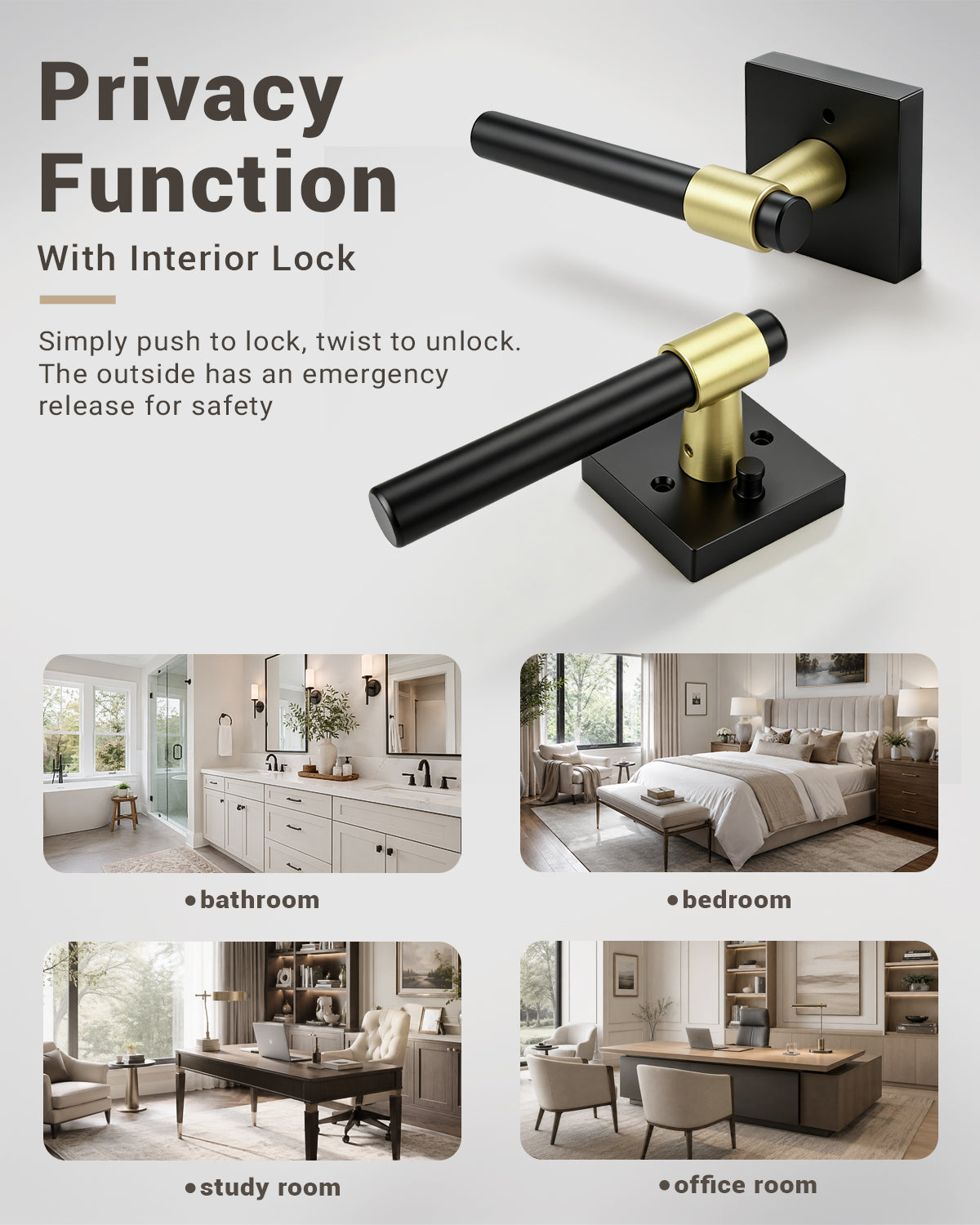 KNOBWELL Black Interior Door Handle 1 Pack, Heavy Duty Bedroom Door Knobs, Matte Black Door Knob with Lock, Keyless Push Button Privacy Lock for Bathroom, Sleek Ring Design
