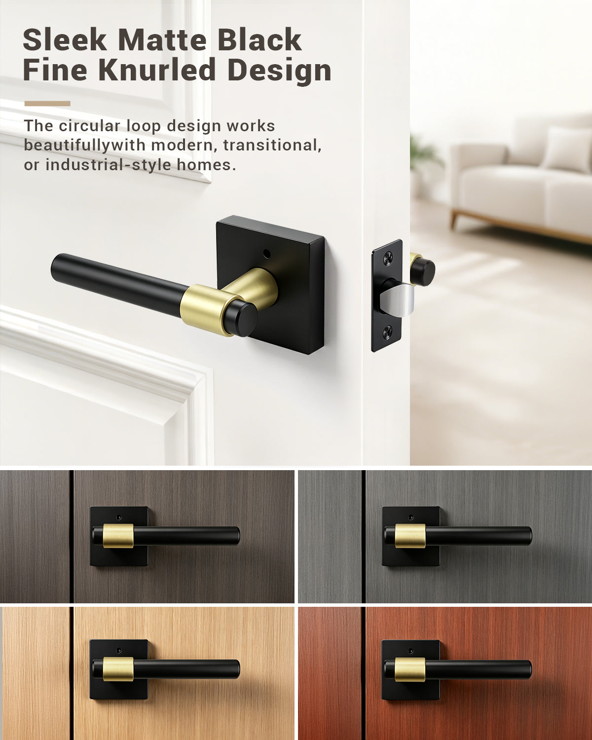 KNOBWELL Black Interior Door Handle 1 Pack, Heavy Duty Bedroom Door Knobs, Matte Black Door Knob with Lock, Keyless Push Button Privacy Lock for Bathroom, Sleek Ring Design