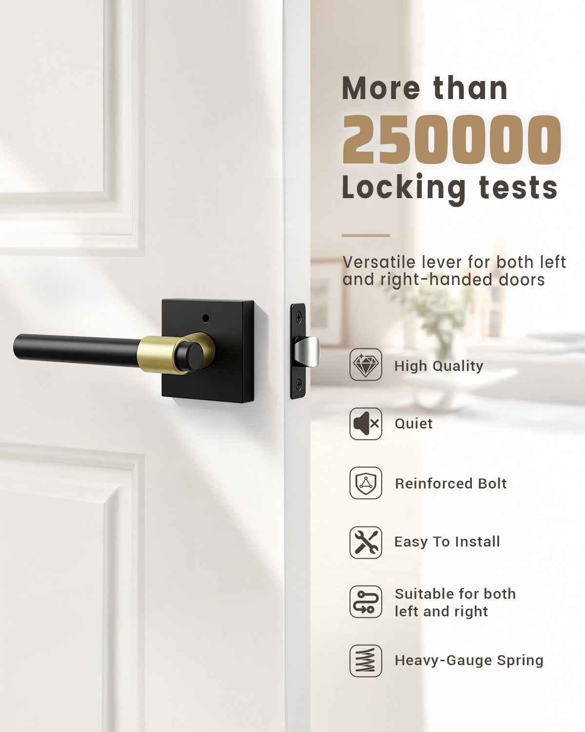 KNOBWELL Black Interior Door Handle 1 Pack, Heavy Duty Bedroom Door Knobs, Matte Black Door Knob with Lock, Keyless Push Button Privacy Lock for Bathroom, Sleek Ring Design