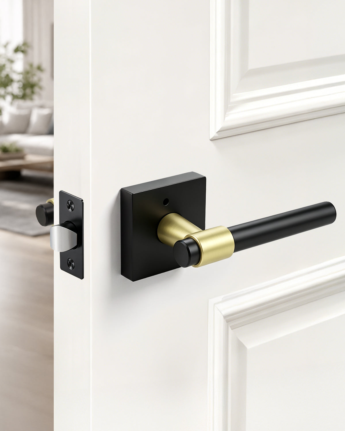 KNOBWELL Black Interior Door Handle 1 Pack, Heavy Duty Bedroom Door Knobs, Matte Black Door Knob with Lock, Keyless Push Button Privacy Lock for Bathroom, Sleek Ring Design