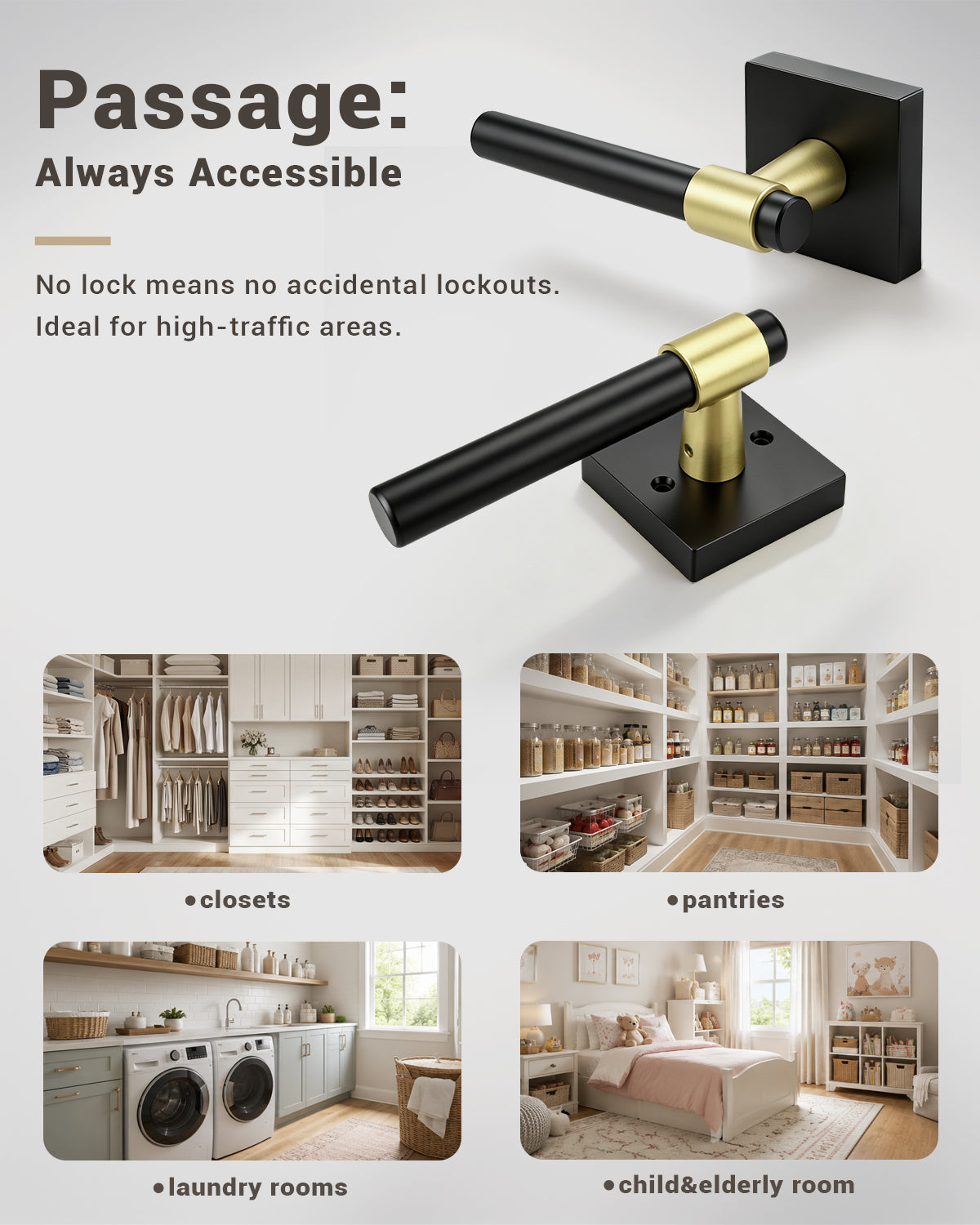 KNOBWELL Black Interior Door Handle 1 Pack, Heavy Duty Bedroom Door Knobs, Matte Black Door Knob with Lock, Keyless Push Button Privacy Lock for Bathroom, Sleek Ring Design
